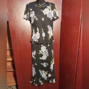 MSK Black Floral Ruffled Trumpet Maxi Skirt with Shirt